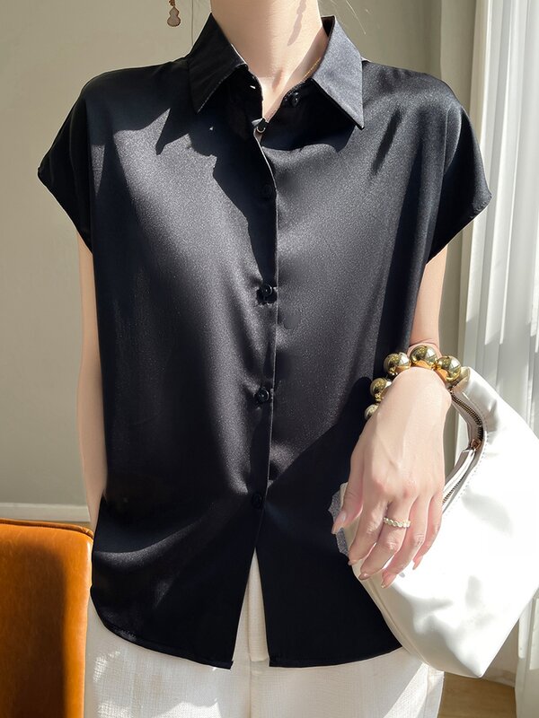 Блузка женская оверсайз с коротким рукавом, Повседневная рубашка с шелковистой атласной поверхностью, однотонная модная Дамская одежда