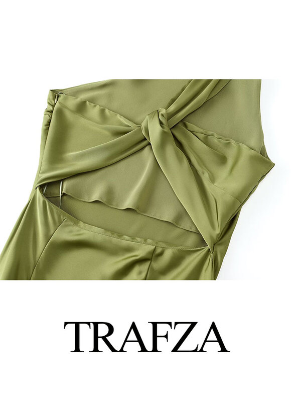 TRAFZA Women Elegant Asymmetrical Sleeveless Solid Party Evening Dress Female Chic Vintage Backless Folds Side Zipper Long Dress
