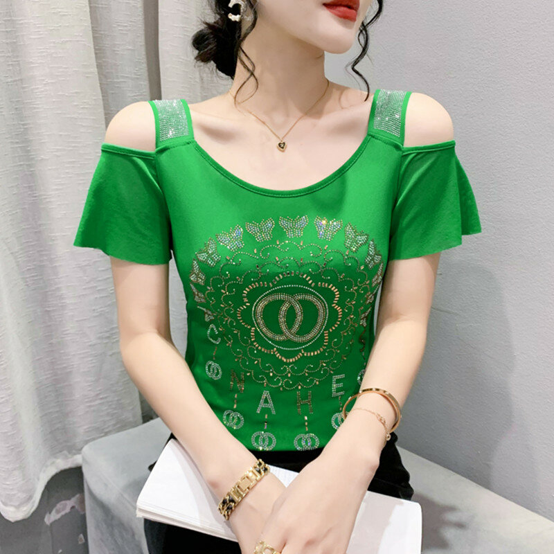 Summer European Clothes T-Shirt Women's High Quality Sexy Off Shoulder Shiny Diamonds Mesh Tees Elegant Casual Tops Blouse