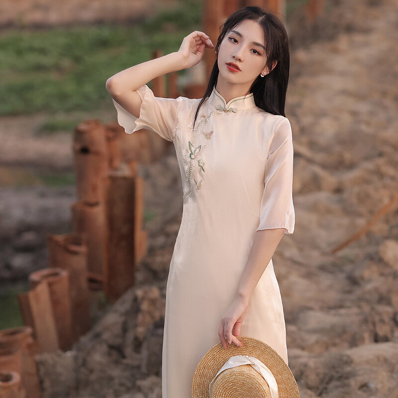 New summer high-end Audrey's inverted large sleeve temperament girl's daily young style improved cheongsam 2022 Chinese style