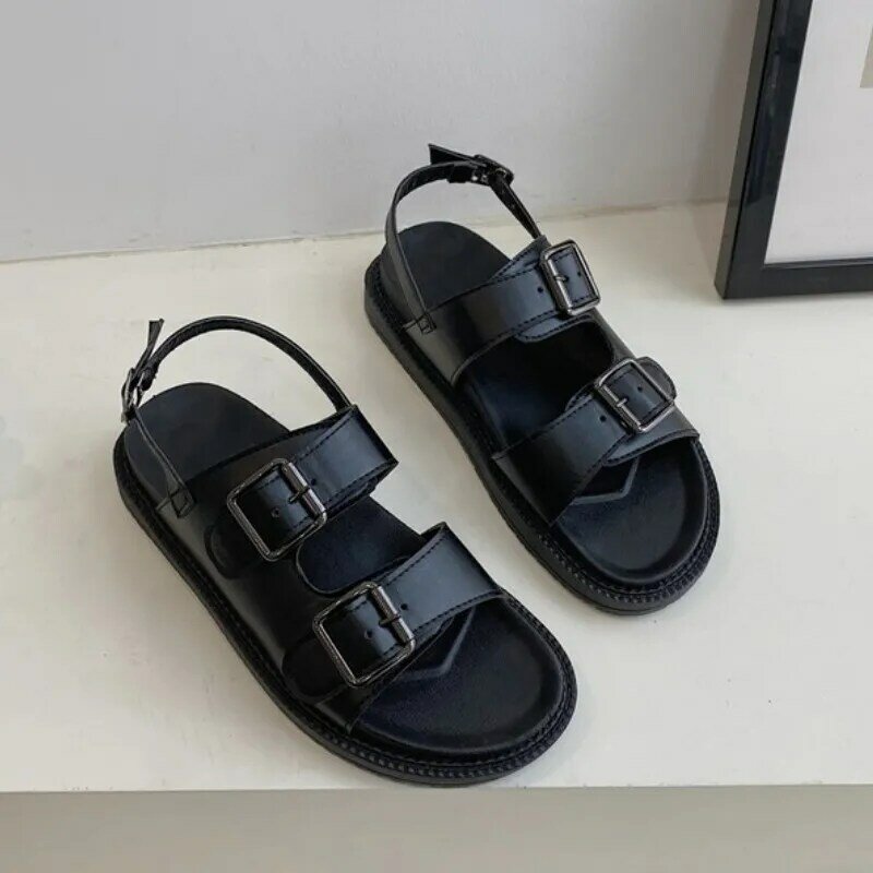 Word Buckle Sandals Women Open Toe Women's Shoes New Summer Shoes PU Leather Mid-heel Platform Sandals Wedges Shoes for Women