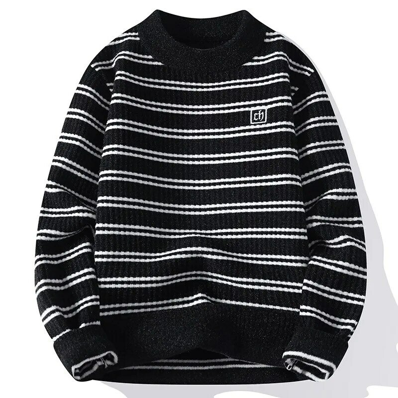 2022 Winter Harajuku Pinstripe Sweater Men Half Turtleneck Hip Hop Sweaters Top Quality Pull Homme Thick Warm Mens Pullovers