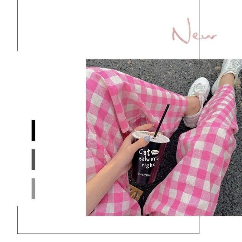 Women's Spring Autumn Elastic Waist Plaid Solid Shirring Wide Leg Casual Loose Trousers Fashion Office Lady Young Style Pants