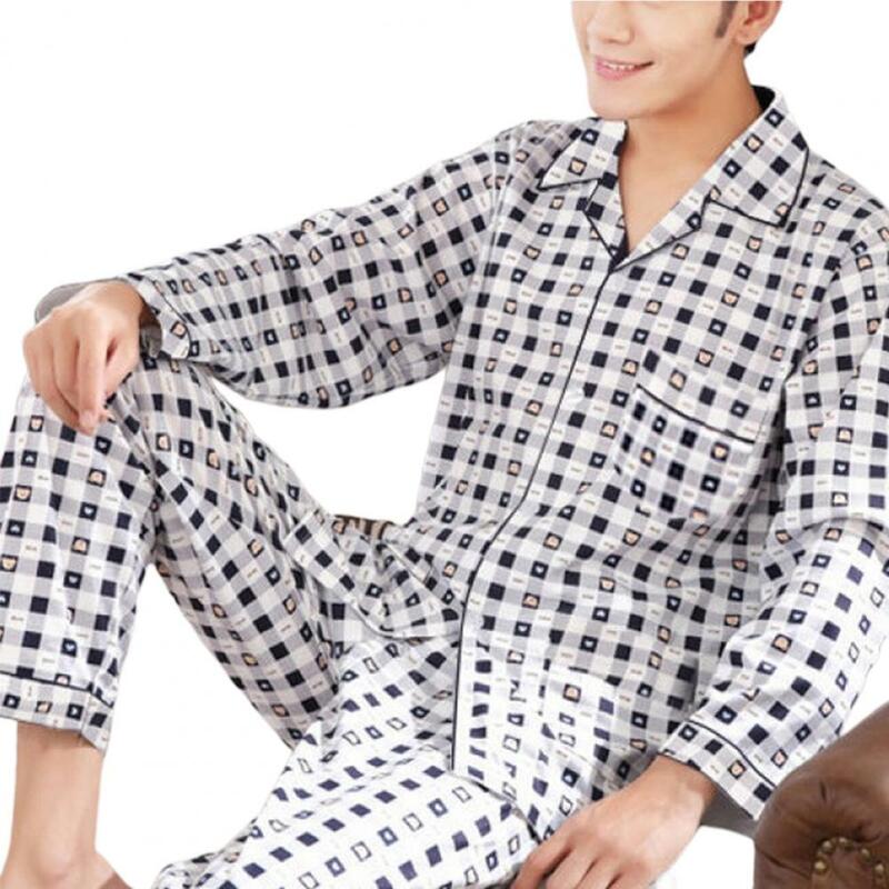 Conjunto de pijama xadrez masculino, manga comprida, espreguiçadeira com gola virada para baixo, tops masculinos finos para dormir, calças, roupa de casa para dormir, 2 peças por conjunto