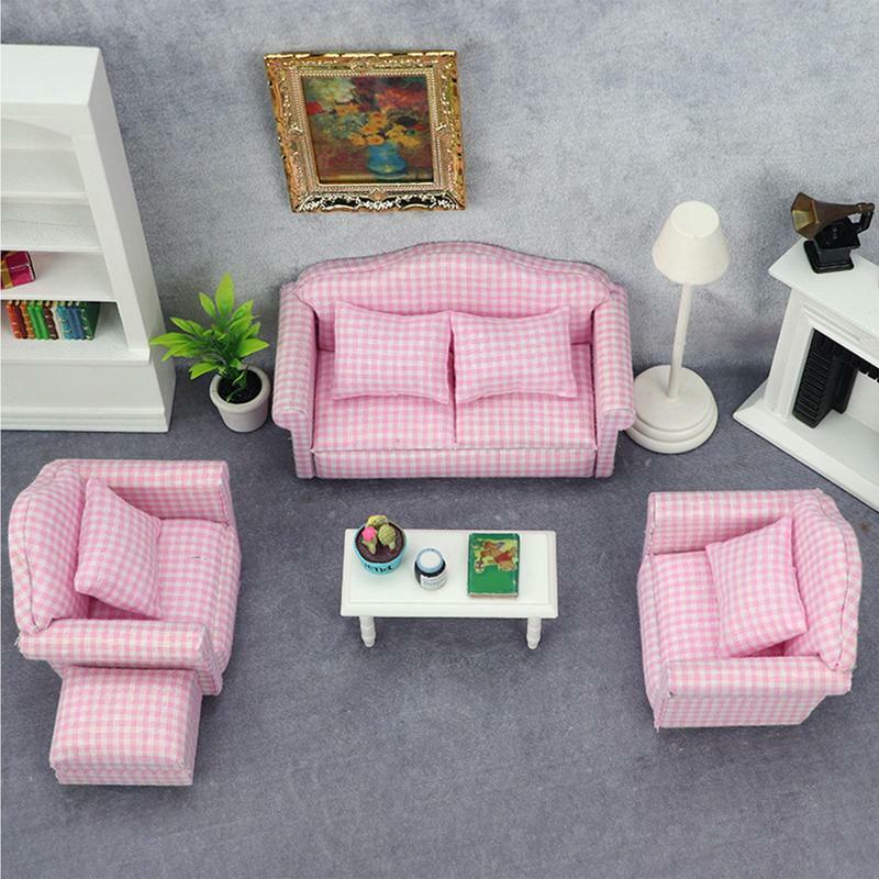 Sofá listrado em miniatura com travesseiro para Dollhouse, pequeno conjunto de sofá de tecido floral para crianças, fingir brincar, decoração DIY