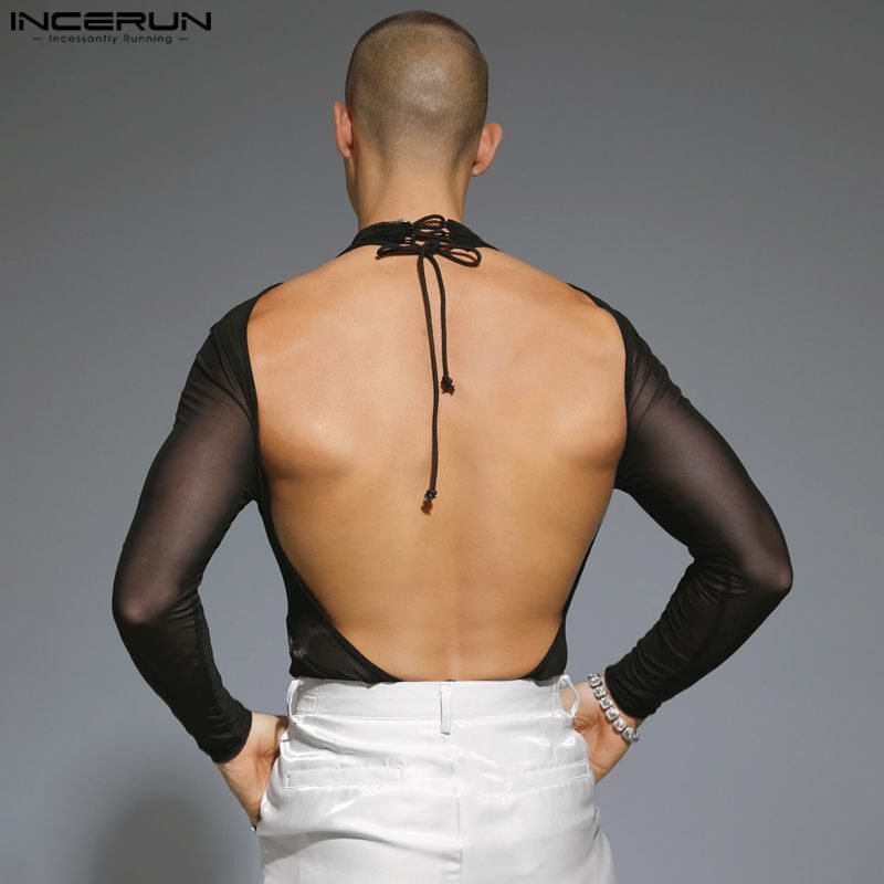 INCERUN 2023 jumpsuit pakaian rumah pria seksi Romper punggung terbuka jaring tembus pandang jumpsuit segitiga lengan panjang tali bergaya S-3XL
