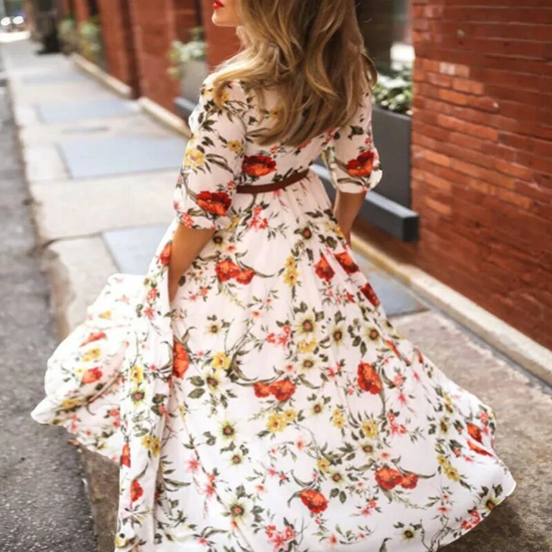 Женское платье-макси с цветочным принтом, разноцветное платье из полиэстера с круглым вырезом и драпировкой качели в стиле бохо, весна 2019