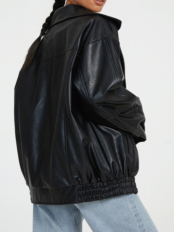 KMBANGI Women PU Oversized Jackets Faux Leather Shacket Motorcycle Moto Biker Coat Baggy Outwear Pleather Fashion