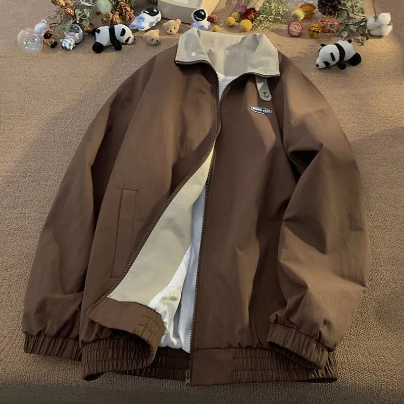 Женская винтажная куртка Y2K, осенняя уличная одежда большого размера в стиле бойфренд Харадзюку, Повседневная ветровка, корейские однотонные пальто на молнии с отложным воротником