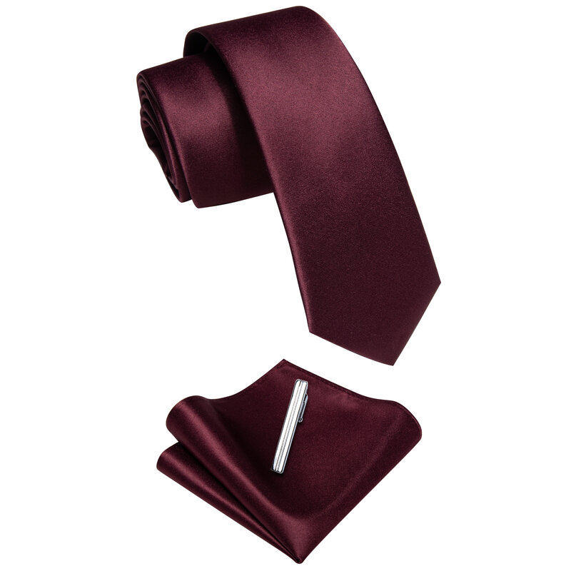 Cravate de luxe rouge bordeaux pour hommes, ensemble de clips carrés de poche, soie à la mode, marque exportée, cravate mince de 6 CM, accessoires cadeaux