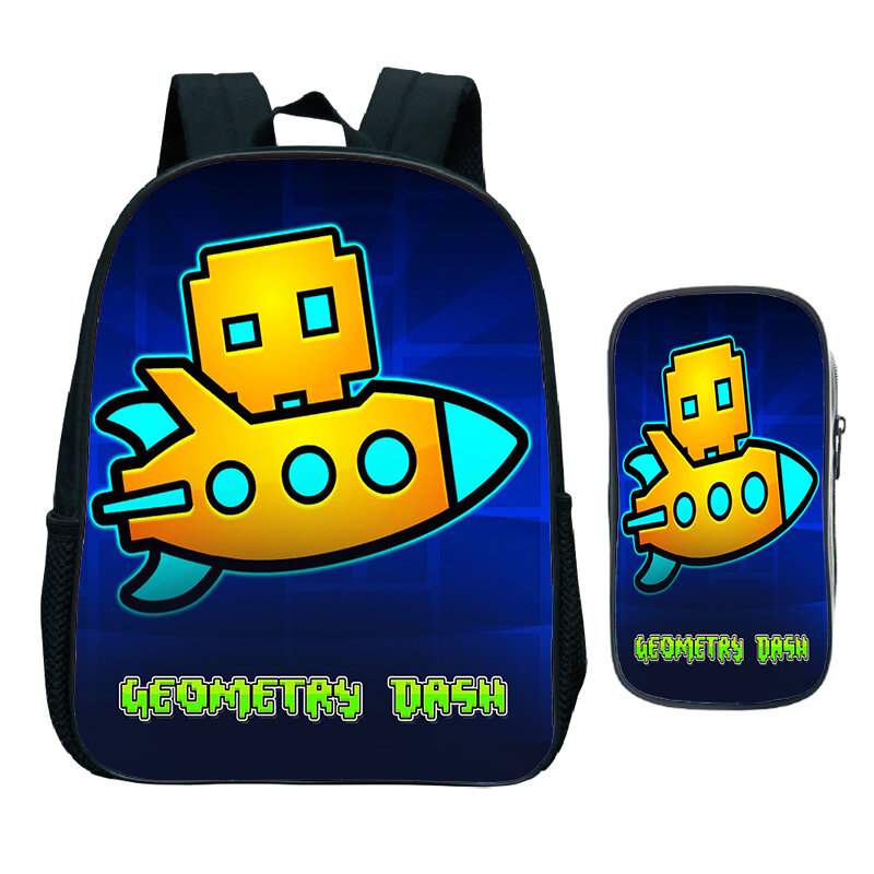 Angry Geometry Dash Schoolbag Cartoon Print Backpack 2pcs Set Boys Girls Kindergarten Backpacks Kids Mini Bookbag Waterproof Bag