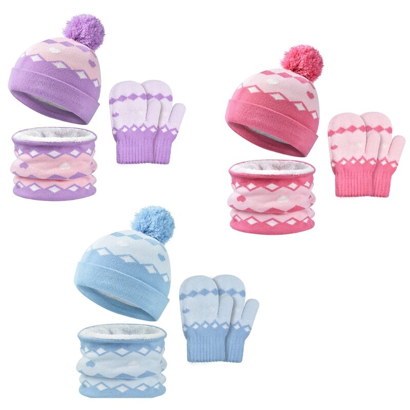 قبعات أطفال مخملية داخلية ناعمة + وشاح + قفازات للأولاد والبنات 3 قطع