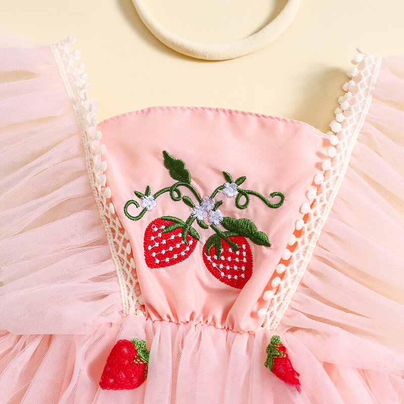 Baby Girl Romper Dress Flying Sleeve Tulle Dress Strawberry Embroidery Tutu Skirt with Headband Cute Summer Clothes