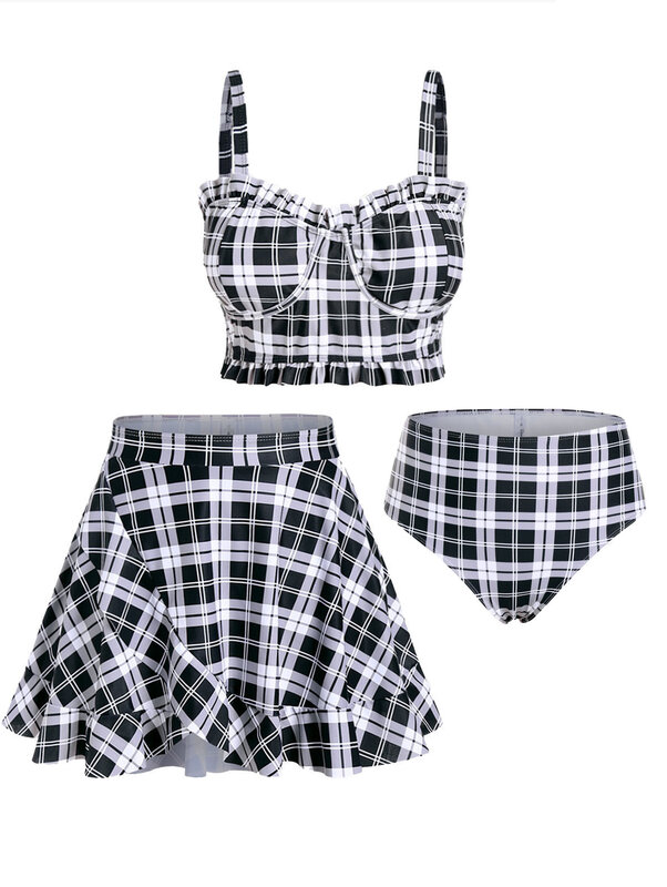 ROSEGAL Plus Size Padded Plaid Three Piece Swimwear Women Tankini Top,Briefs And Skirt Fashion High Waist Beachwear Bathing Suit