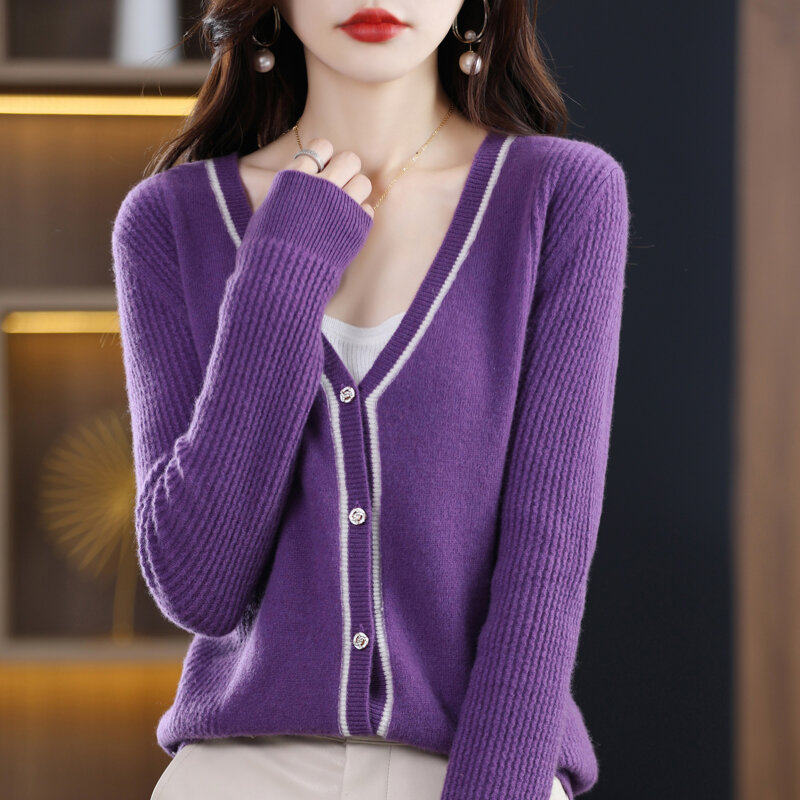 Herbst und Winter neue High-End-Farbe passend lose lang ärmel ige Strickjacke 100% reiner Pullover Damen V-Ausschnitt Pullover Mantel