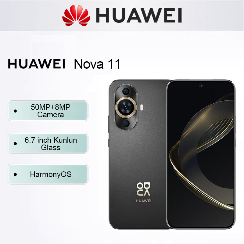 HUAWEI-Smartphone Original com Câmera, Nova 11, HarmonyOS, 6,7 em, Vidro Kunlun, 50MP + 60MP Câmera, 4500mAh, 128GB, 256GB ROM