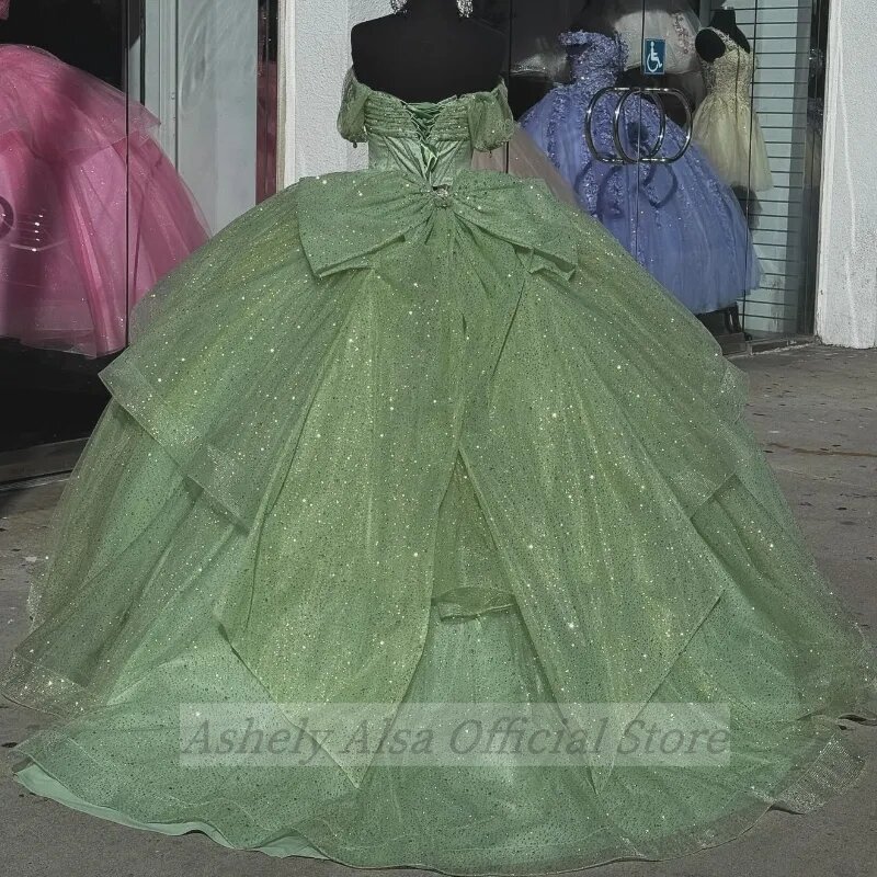 Echte Piture limetten grün Quince anera Kleid Prinzessin Abschluss ball tragen Party von der Schulter Schnür bogen Vestido de 15 xv Anos süße 16 Anos