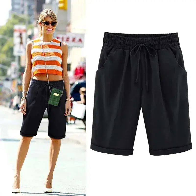 Women Cotton Shorts Fashion Breathable Medium Harem Pant Summer Cool Thin Beachwear Elastic Waist Lace up Female Clothing