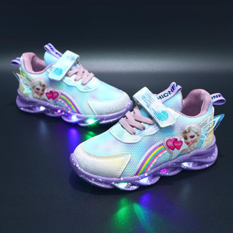Disney-zapatillas de deporte informales LED para niñas, zapatos antideslizantes iluminados con estampado de princesa Elsa de Frozen, color rosa y morado, para exteriores, Primavera