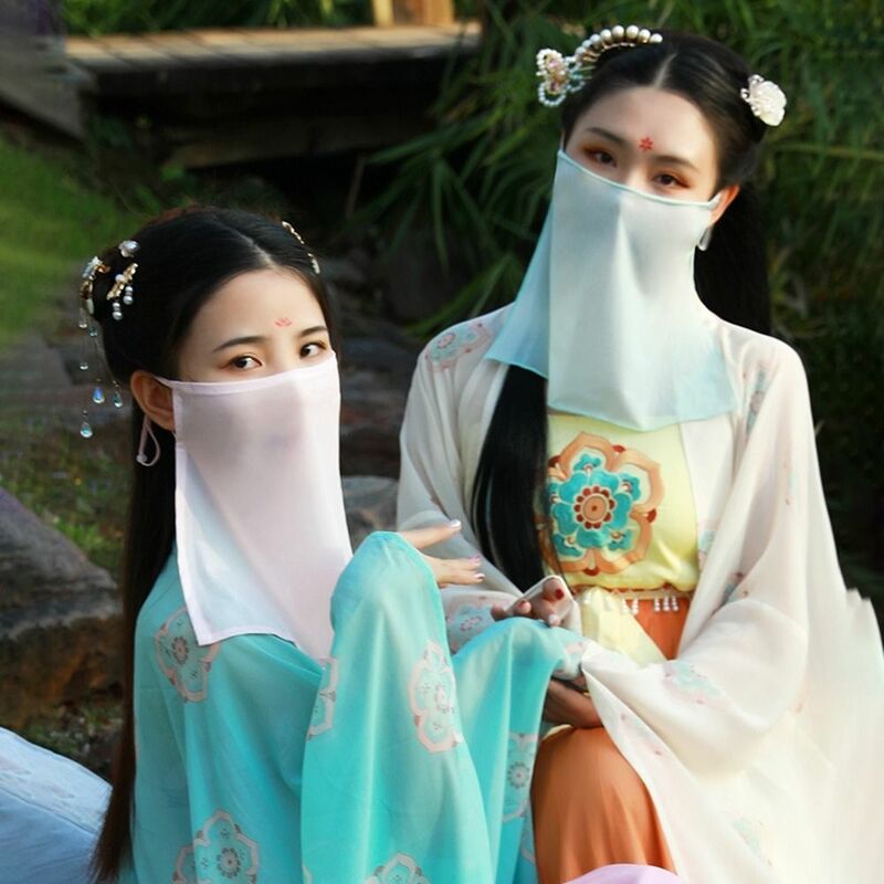 Véu de rosto estilo chinês para mulheres, capa facial antiga, orelhas suspensas, respirável, anti-ultravioleta, acessórios chineses hanfu