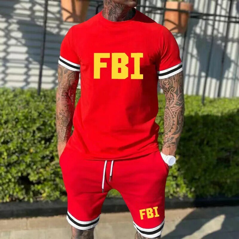 FBI Summer cotton men's short sleeve suit Absorb sweat breathable T shirt + shorts 2 sets casual sports brand men's sportswear