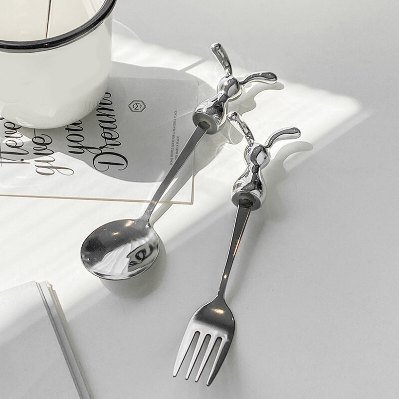 Creative Stainless Steel Spoon Cartoon Rabbit Fruit Fork INS Style Milk Tea Coffee Stirring Rod Dessert Snack Spoon Tableware
