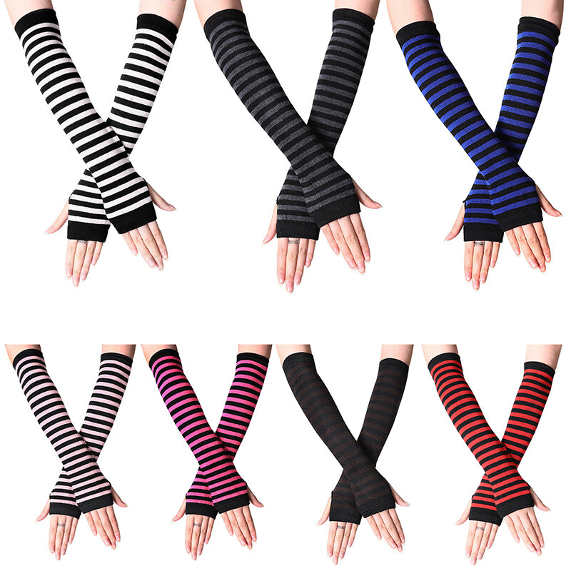 Y2K-guantes largos sin dedos de punto para mujer y niña, a rayas, a la moda