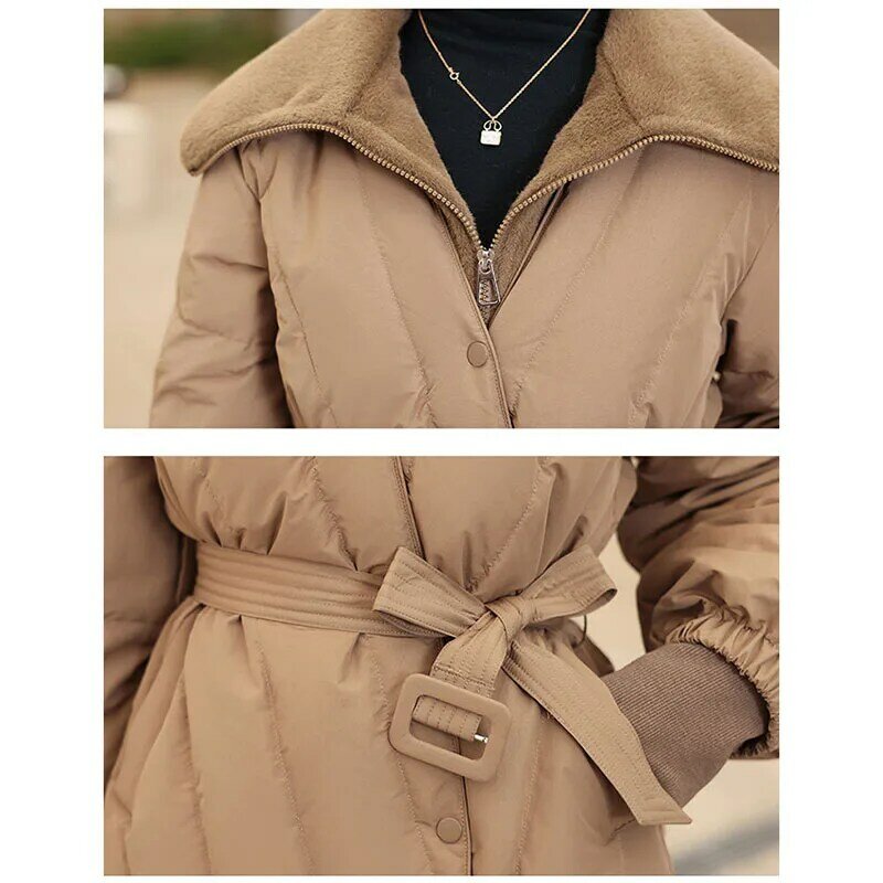 2023 여성용 밍크 플리스 스플라이싱 화이트 덕 다운 코트, 캐주얼 벨트 슬림, 따뜻한 여성 숏 다운 재킷, 가을 겨울 패션, 신상