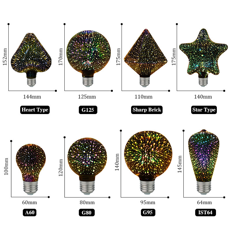 Bombilla LED Edison para decoración 3D, CA de 110V, 220V, A60, ST64, G95, G80, G125, E27, novedad, lámpara de Navidad