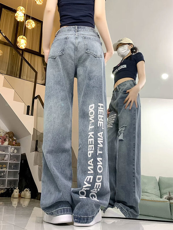 Jmprs-Jeans Hole Vintage feminino, calça jeans casual solta, retrô americano, Harajuku, cintura alta, calças com design Bf, streetwear com letra, Jmprs