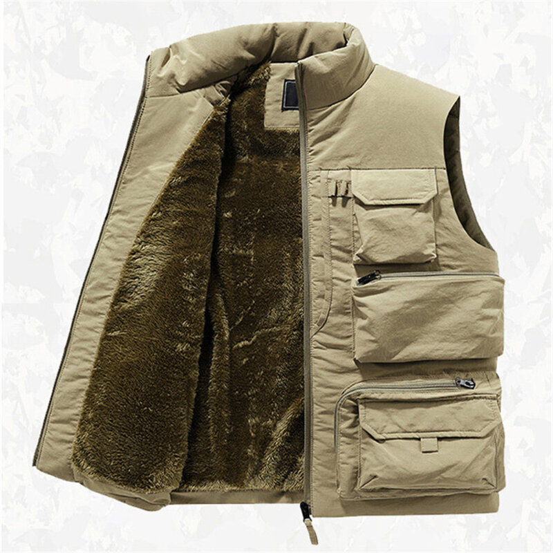 Colete de carga de lã grosso masculino, jaqueta quente sem mangas, cor sólida, casaco tático com bolsos, colete de trabalho, 6XL, novo, inverno, 2022