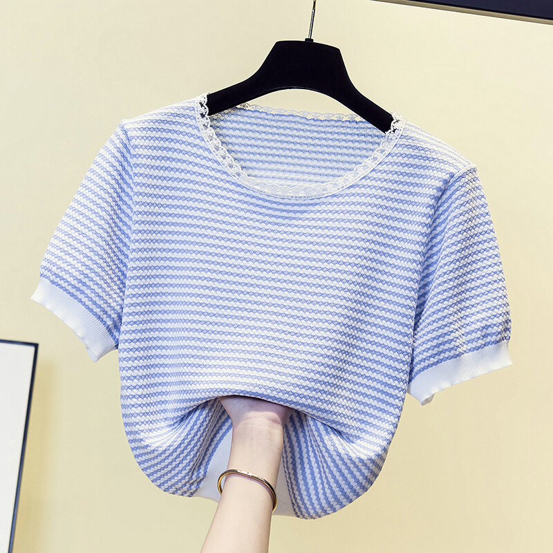 Plus Size Stripe Sweater Women Summer Short Sleeve Lace Sweet Knitted Tops Female Korean Ice Silk Beautiful Clothing