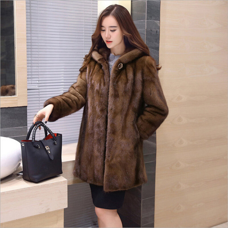 Winter Luxury Long Brown Faux Mink Fur Coat Women With Hooded Long Sleeve Elegant Thick Warm Fluffy Furry Hooded Jacket 2023