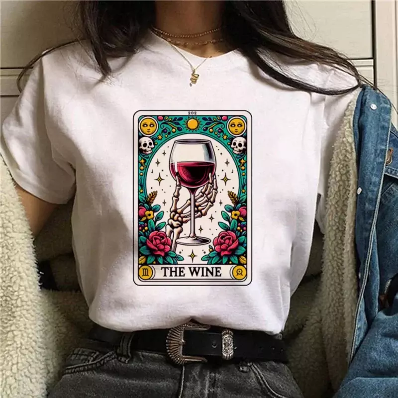 The Wine New Tarot Brand T-Shirt Women's Printed O-Neck Short Sleeved Top Printed Casual Style Printed Cartoon Basic T-Shirt.