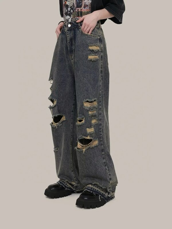 Personality Wash Do Old Blue Straight Hole Beggar Jeans Men Women Loose Wide-legged Drag Pants Y2k
