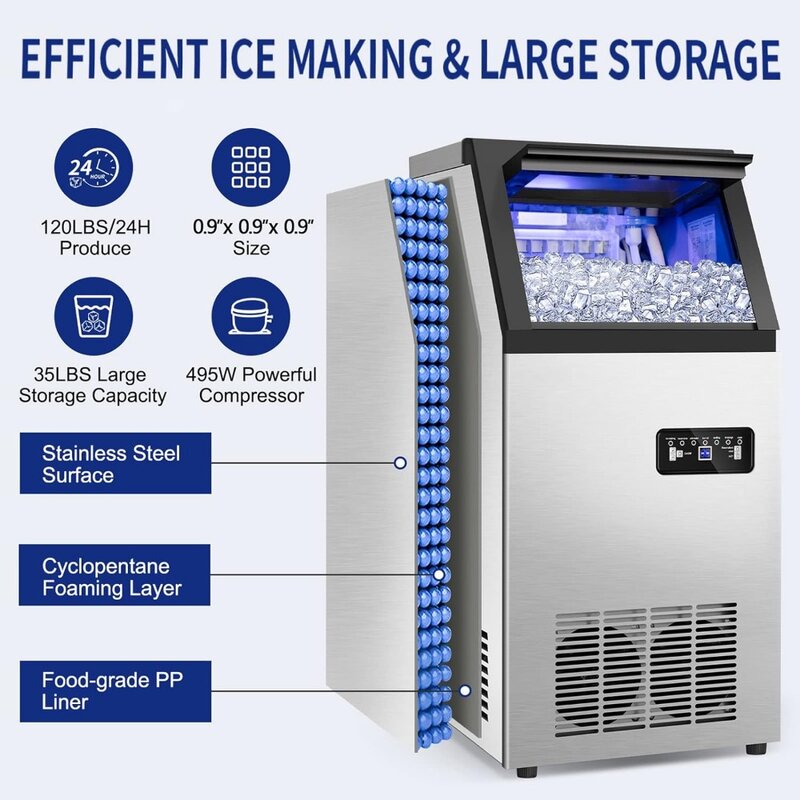 Máquina de gelo comercial, cubos de gelo claros, prontos em 11-20Mins, 120Lbs, 24H, 35Lbs Ice Capacity, 45pcs, 45pcs