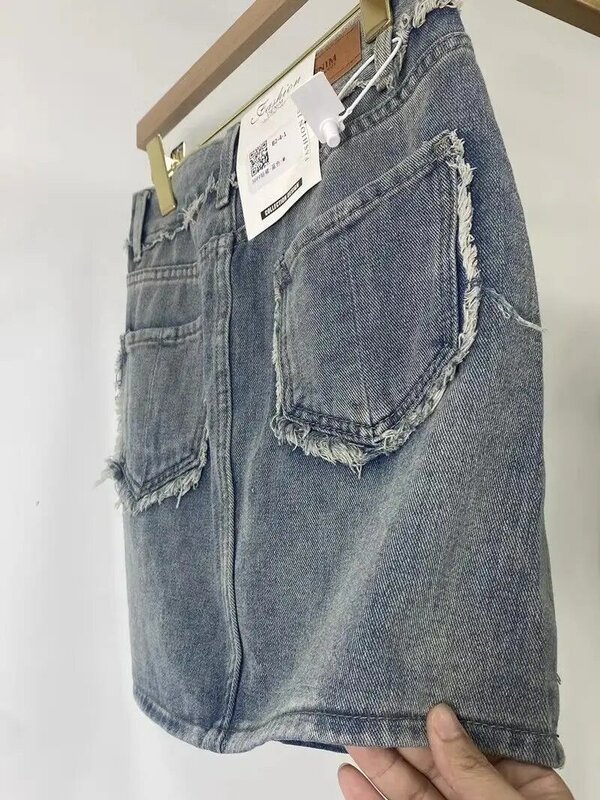 Джинсовая короткая юбка с высокой талией, облегающая юбка трапециевидного силуэта, с запахом, в стиле ретро, корейское издание, весна-лето 2024