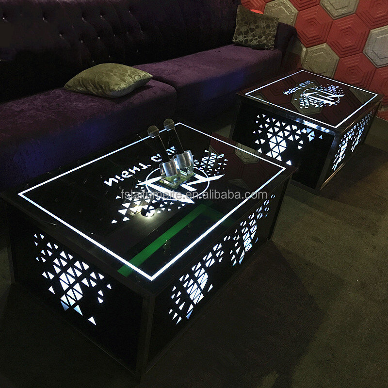 Tables de bar LED lumineuses en verre et métal, table de boîte de nuit, meubles de luxe, personnalisé, commercial, moderne, ORY