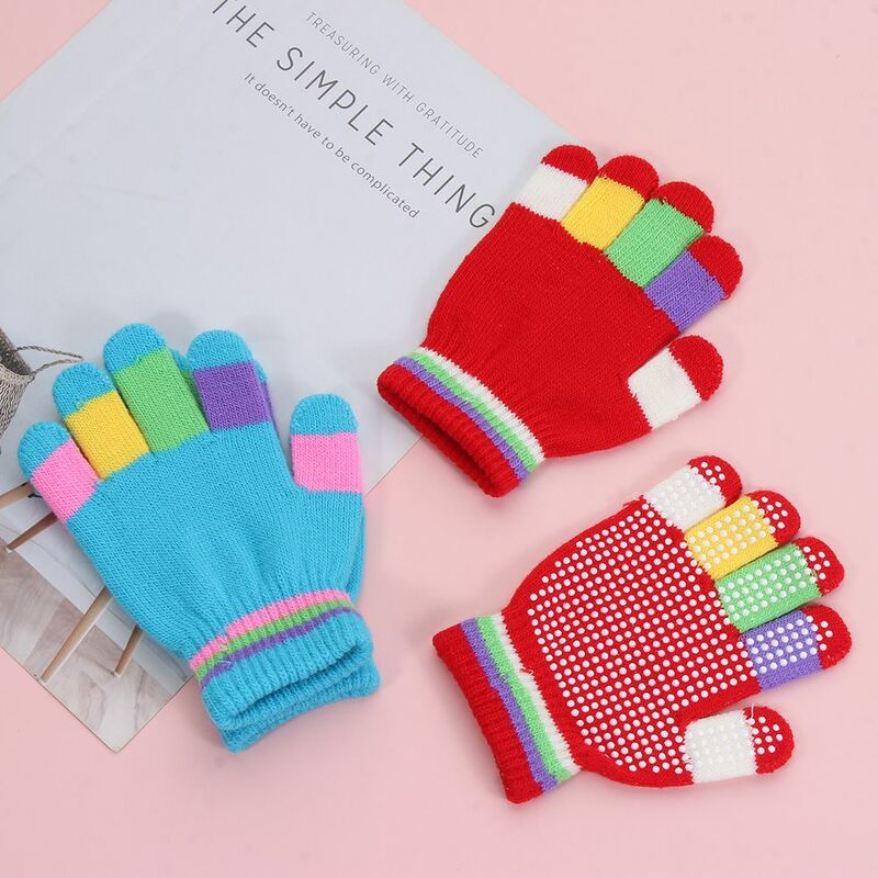 Цветные акриловые Детские аксессуары, Нескользящие варежки на весь палец, зимние перчатки, вязаные перчатки для фото