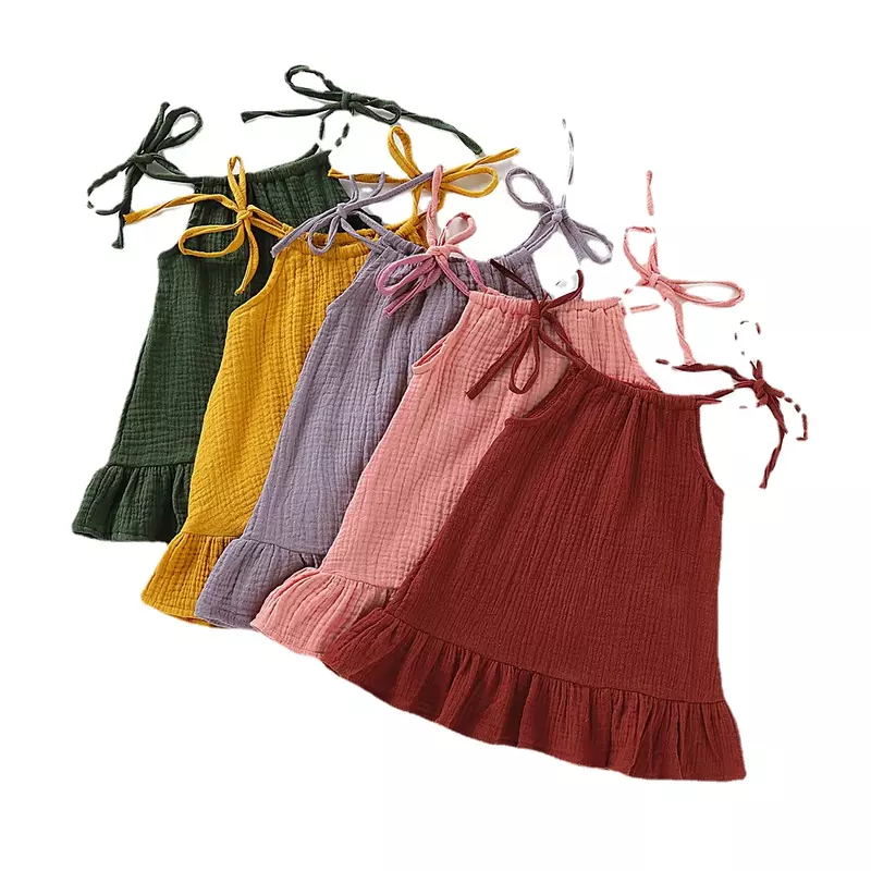 Summer Toddler Baby Girl abito senza maniche con volant Sarafan Kids lino in cotone mussola Slip abiti abbigliamento