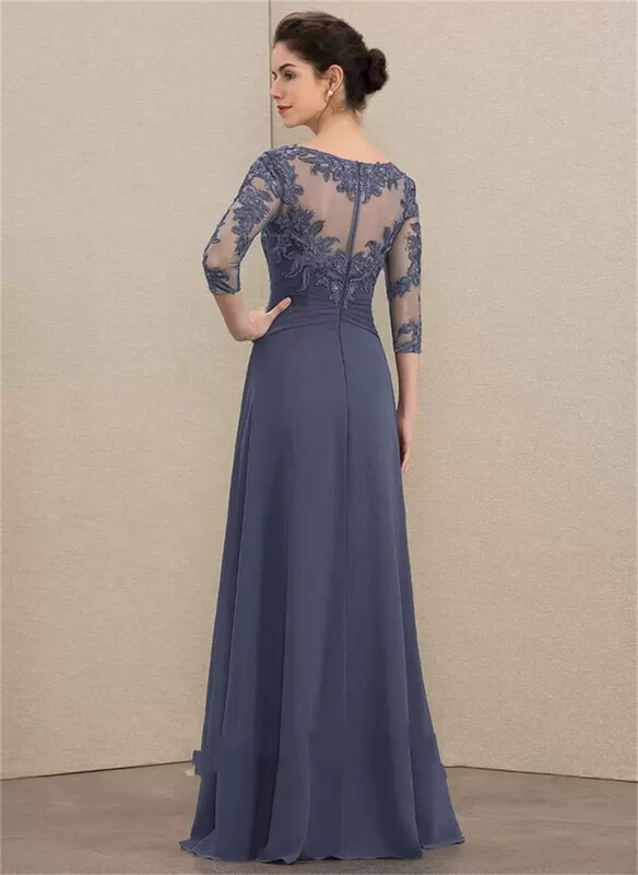 Elegant Navy Blue A-Line Scoop Neck Floor-Length Chiffon Lace Mother of the Bride Dresses With Cascading Ruffles Prom Evening Go