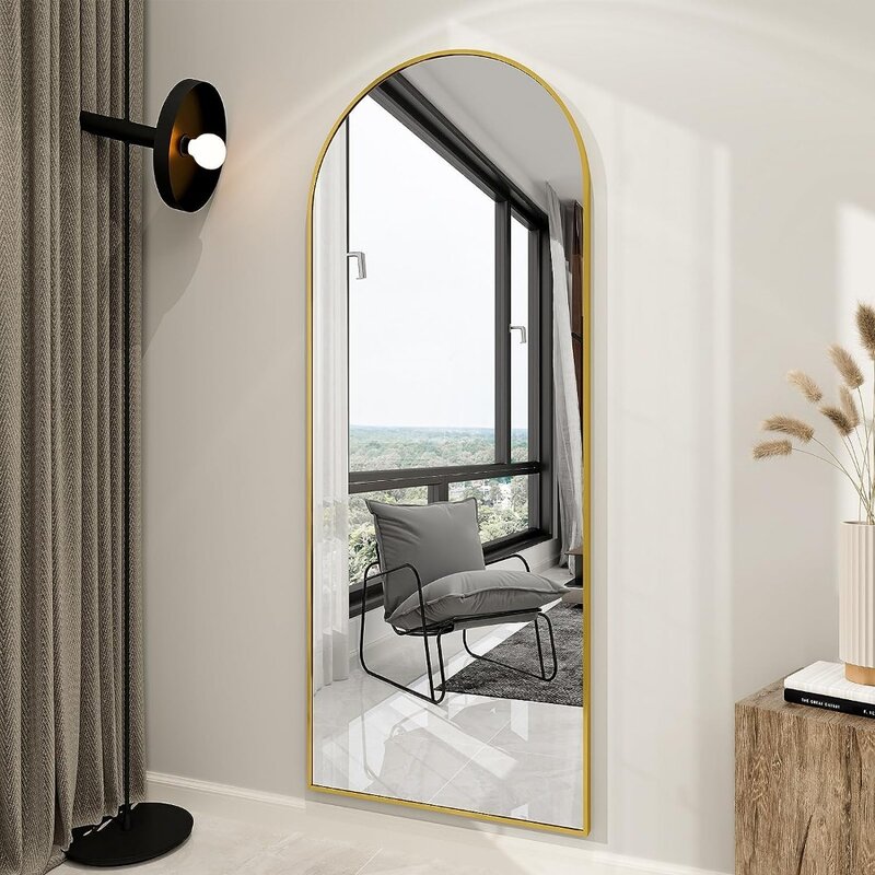 Espejo de pared de cuerpo completo con soporte para dormitorio, espejo de arco de 65 "x 24", espejo colgante o inclinado, parte superior arqueada