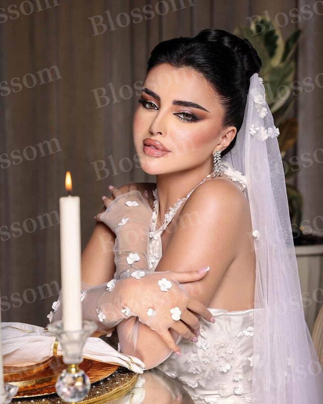 Vestidos de novia de sirena florales Halter para mujer, guantes sin mangas, vestido de novia personalizado de alta gama, vestidos de matrimonio de Arabia Saudita