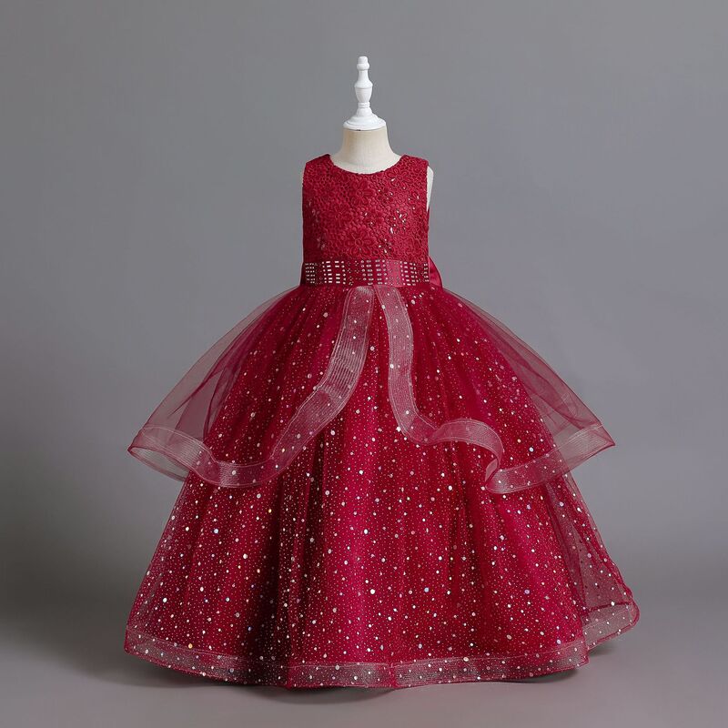Nowa odzież dziecięca sukienka dziecięca warstwowa suknia ślubna księżniczka sukienka żeńska kwiat dziewczyna wydrążona na fortepianie Dr