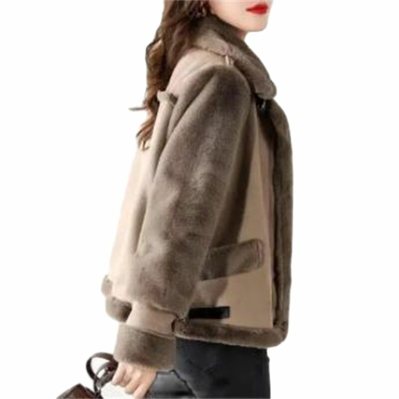 Утепленное Женское пальто из искусственной кожи, свободное теплое пальто из искусственной кожи с отложным воротником, с искусственным мехом, верхняя одежда, зимняя куртка для женщин, 2024