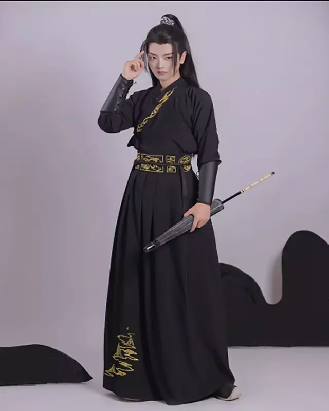 Hanfu kostum Cosplay tradisional Cina Pria, set Hanfu kuno kostum Cosplay Halloween pria hitam 3 potong ukuran Plus 2XL