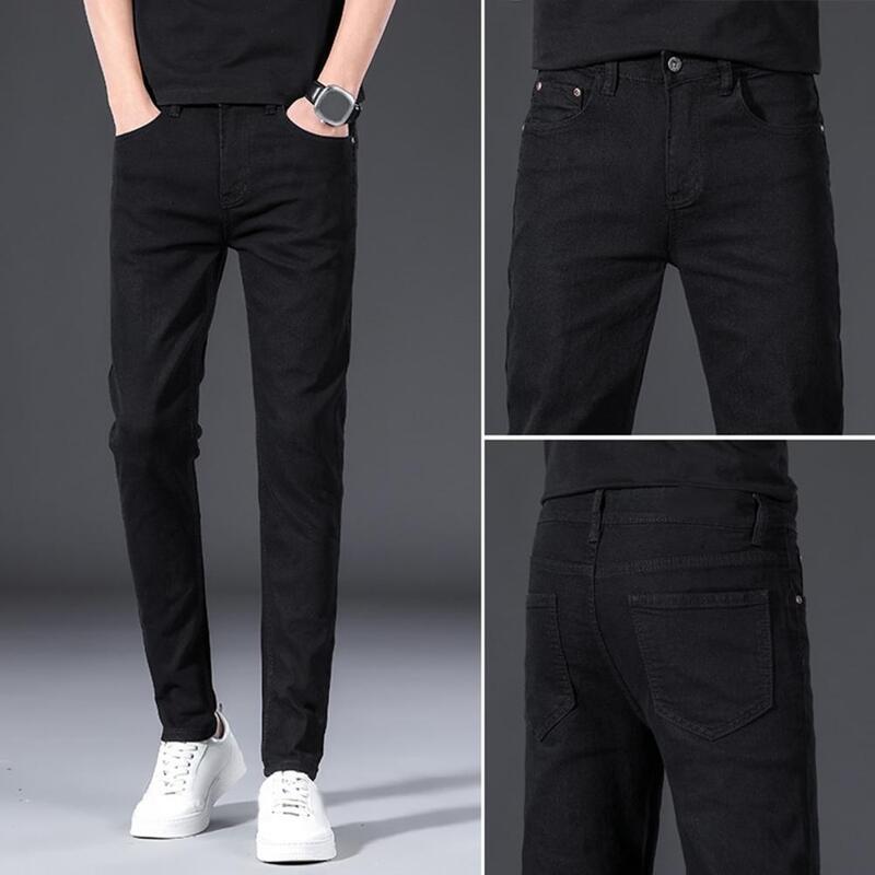 Men Casual Trousers Elegant Men's Slim Fit Business Pants with Elastic Pockets Breathable Fabric Stylish Mid Waist for Casual