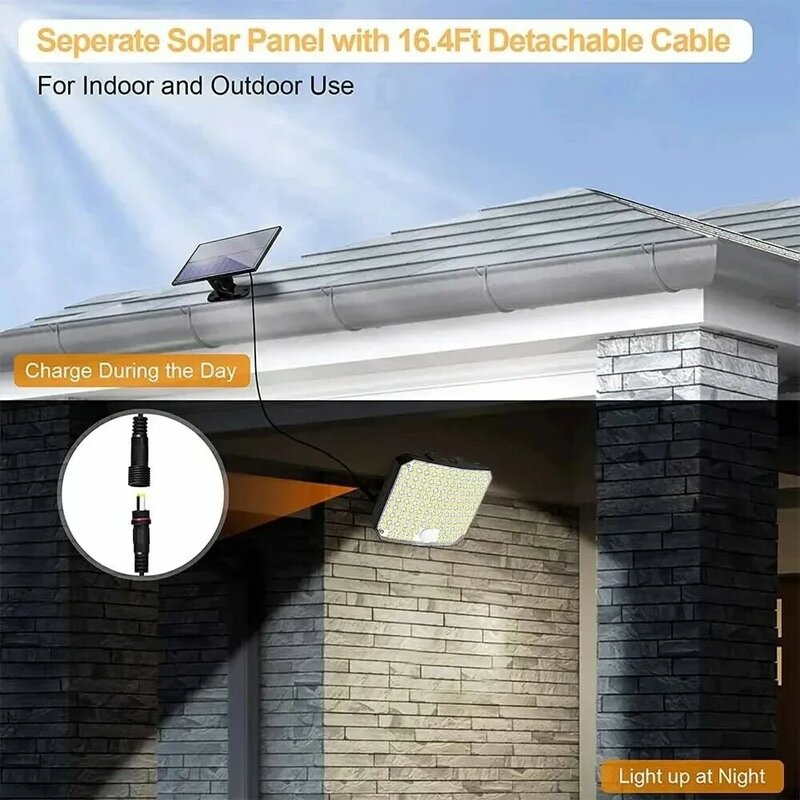 Lâmpada de rua solar dividida com sensor de movimento, 118LED, 3 Mode, controle remoto, IP65 impermeável, pátio, garagem, quintal, luz de parede