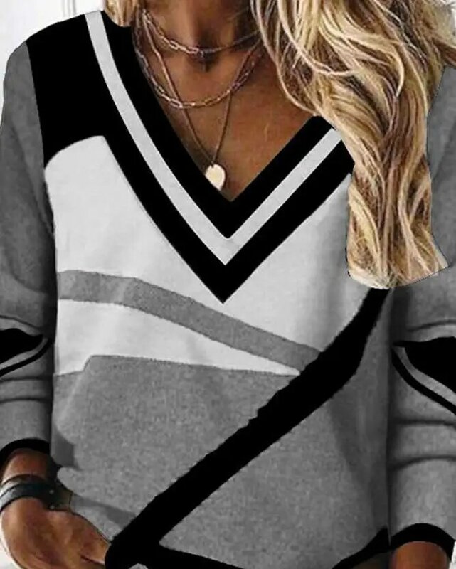 Vrouw Sweatshirt Herfst Mode Colorblock Geometrische Print Lange Mouw Casual V-Hals Dagelijks Pullover Sweatshirt Vrouw Kleding