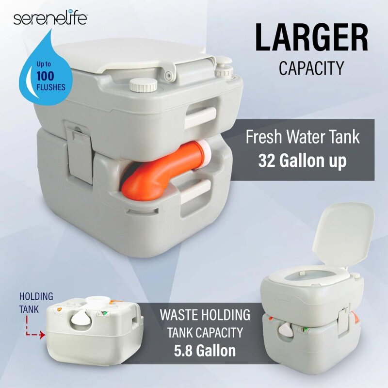 SereneLifeHome SereneLife przenośna toaleta kempingowa Porta nocnik, 5.8 galonowy zbiornik na śmieci, wewnętrzna toaleta zewnętrzna z tłokiem CHH, Lea